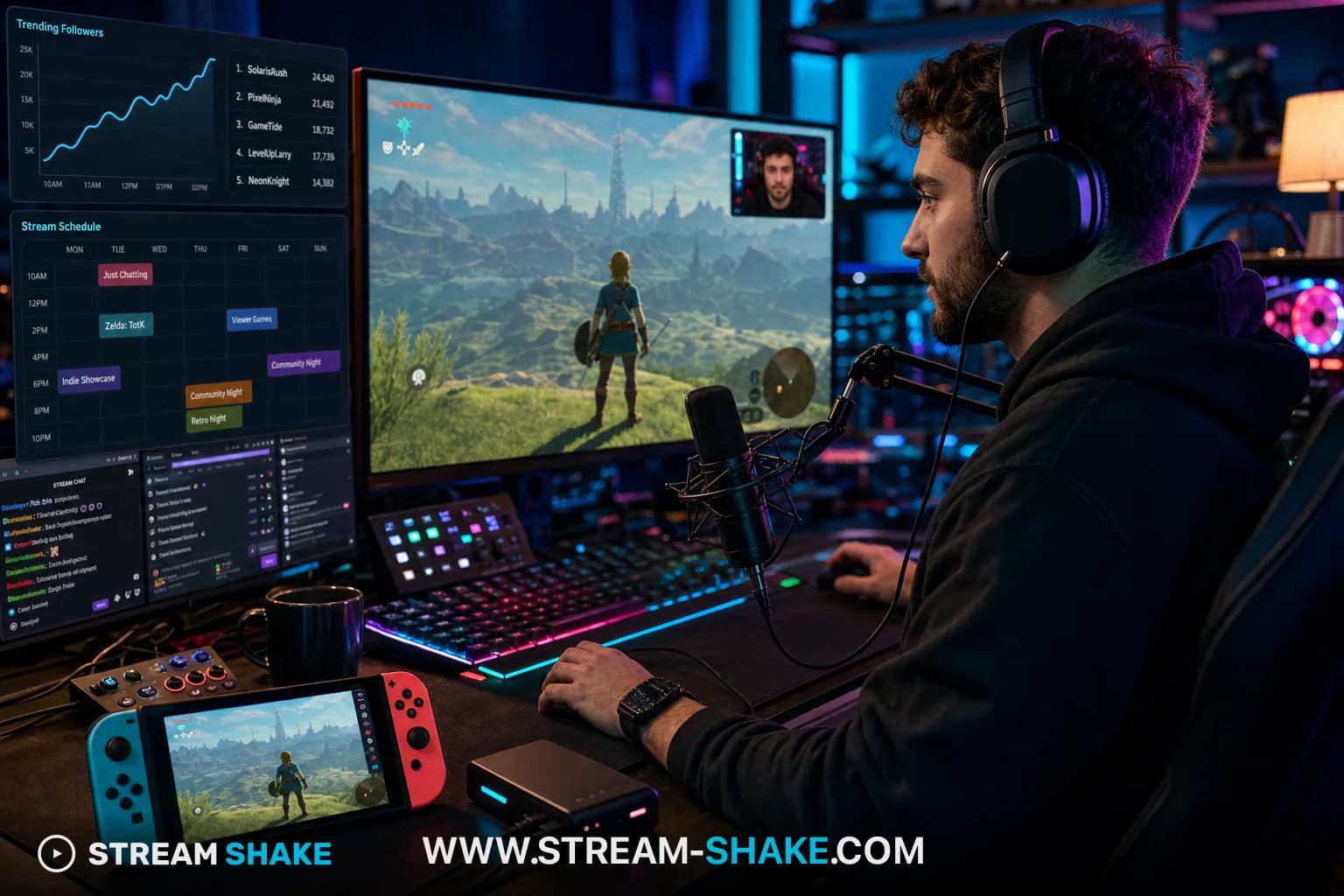 A streamer at a dark desk with a Nintendo Switch console and capture card, Switch gameplay on the main monitor, pink and cyan neon studio lighting.