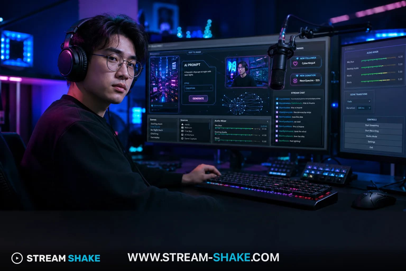 A detailed control panel of OBS Studio with various scenes, sources, and a live stream preview, indicating a professional Twitch setup for 2026.