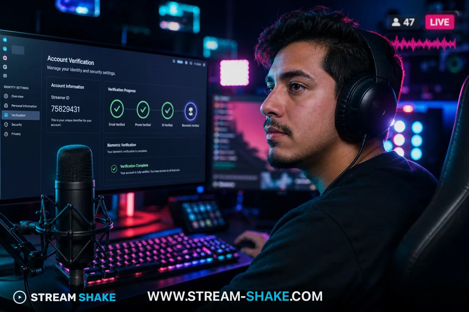 A Latino male streamer at a desk with an account verification dashboard showing a generic streamer ID and biometric check icons on screen, cyan and pink neon rim-light.