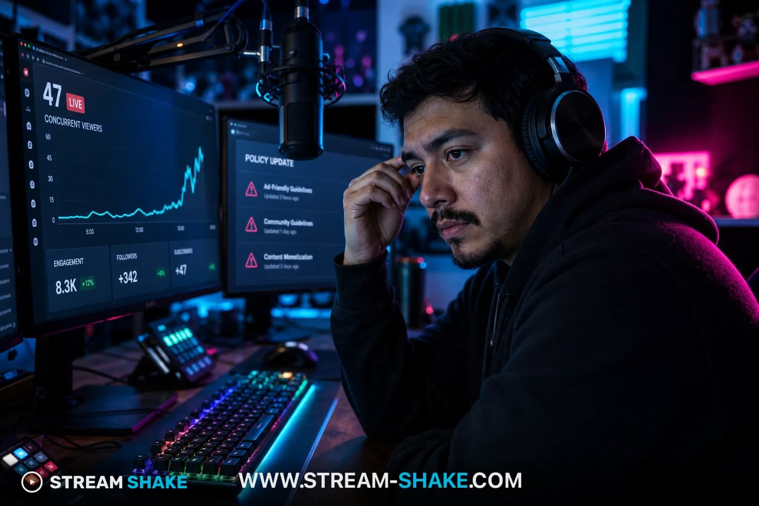 A streamer at a dual-monitor desk with viewer spike graphs and policy update notifications on screen, tired focused expression under pink and cyan neon lighting.